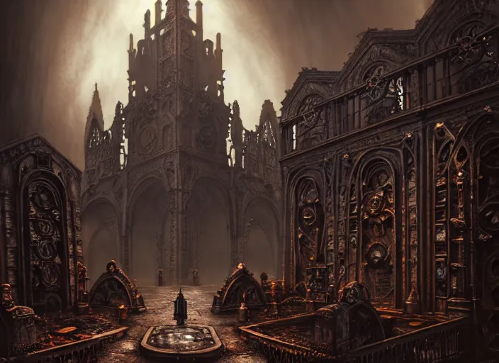 Image similar to steam necropolis, memento mori, gothic, neo - gothic, art nouveau, hyperdetailed copper patina medieval icon, stefan morrell, philippe druillet, ralph mcquarrie, concept art, steampunk, unreal engine, detailed intricate environment, octane render, moody atmospherics, volumetric lighting, ultrasharp, ominous, otherworldly