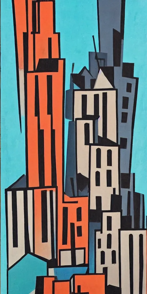 Prompt: The tall buildings that are crumbling, Fortunato Depero painting style.
