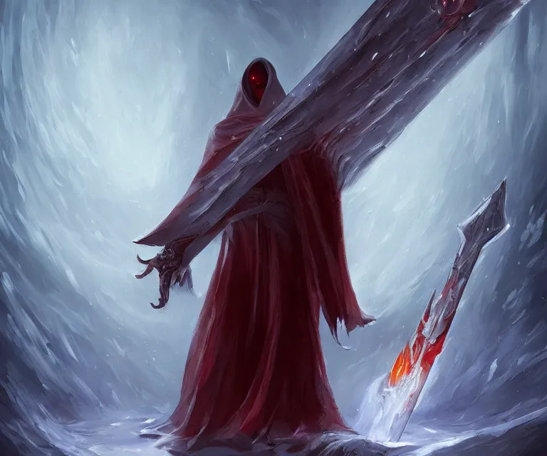Prompt: a painting of a hooded figure with a giant ice sword in hell digital art by greg anato finnstark, dynamic poses, dark lighting, extremely detailedfeatured on artstation and art of the year on deviantart, brethtaking lighting