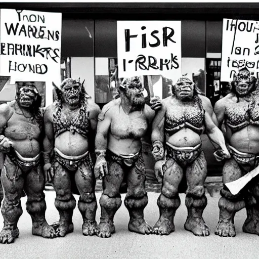 Image similar to orcs standing outside of a Walmart, protesting the working conditions, High detail, 1998