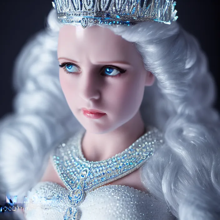 Image similar to photograph of a real-life beautiful ice queen with ornate white dress. Extremely detailed. 8k