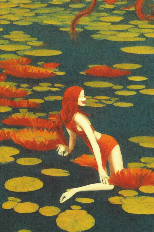 Prompt: a beautiful effervescent lake with lillies, an underwater goddess climbs the sea kelp to reach the surface by edward hopper, gothic,'where the wild things are'in 3 d render, high detail block print - n 4