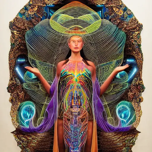 Prompt: 3 d goddess minerva, medium shot portrait. beautiful hyperrealistic intricate highly detailed and richly embroidered with esoteric symbols gown, surrounded by stacks of books bioluminescent, curious, plasma,, artwork by alex grey and salvador dali