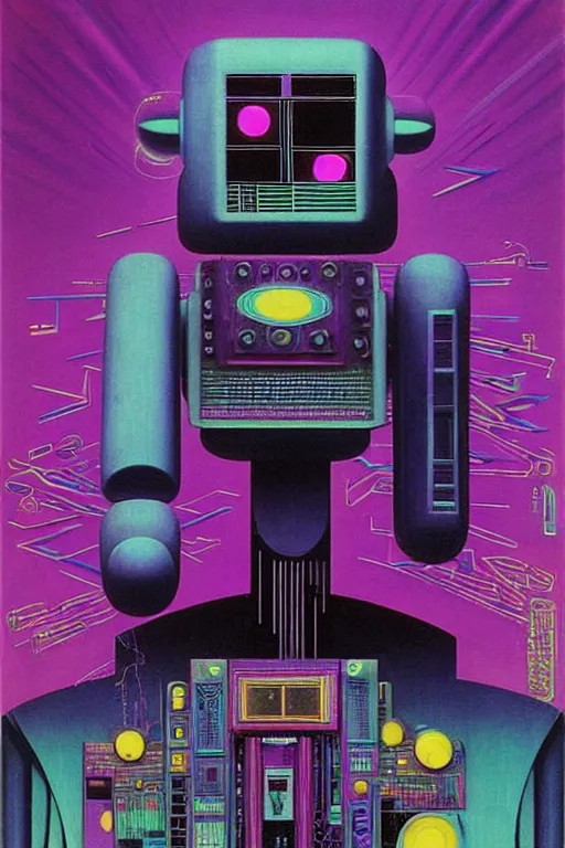 Image similar to 8 0 s art deco robot playing synthesizer, speakers, computers, studio, planets, cinematic dramatic cyberpunk textural fluid lines purple, pink, blue, green. otherworldly vaporwave interesting details fantasy lut epic composition by basquiat zdzisław beksinski james jean artgerm rutkowski moebius francis bacon gustav klimt