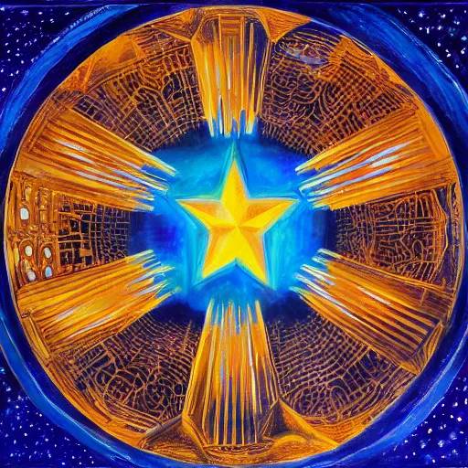 Prompt: a giant blue star inside a golden artificial megastructure, highly detailed artwork, acrylic painting