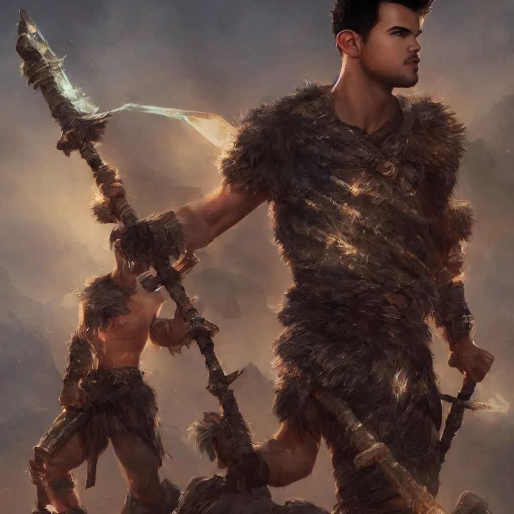 Prompt: Taylor Lautner wearing a barbarian tunic holding a glowing magical staff. Trending on Artstation, octane render, ultra detailed, art by Ross tran