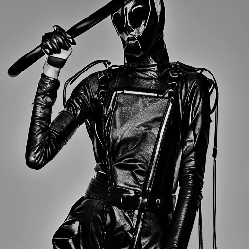 Image similar to fashion photography of an extraterrestrial model, holding a leather whip, wearing demobaza fashion, inside berghain, berlin fashion, harness, futuristic fashion, dark minimal outfit, photo 3 5 mm leica, hyperdetail, berghain, 8 k, very detailed, photo by nick knight