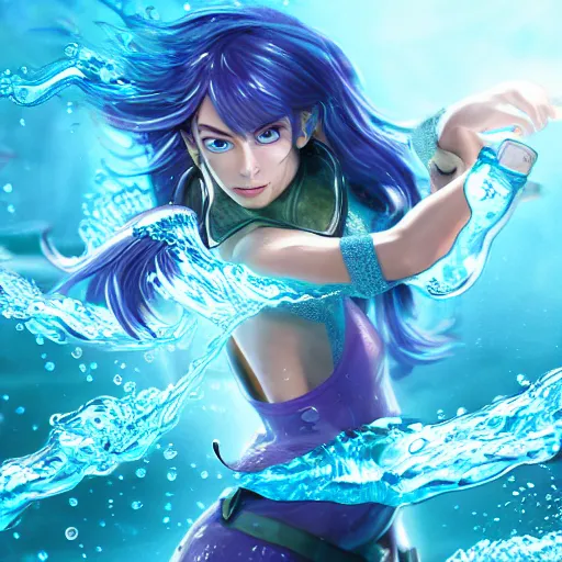 Prompt: female water mage, high quality character design, action pose : : spotlight, magical, seapunk, seaweed, bubbles, high detail, 1 6 k, oled, shadows, reflections, digital art
