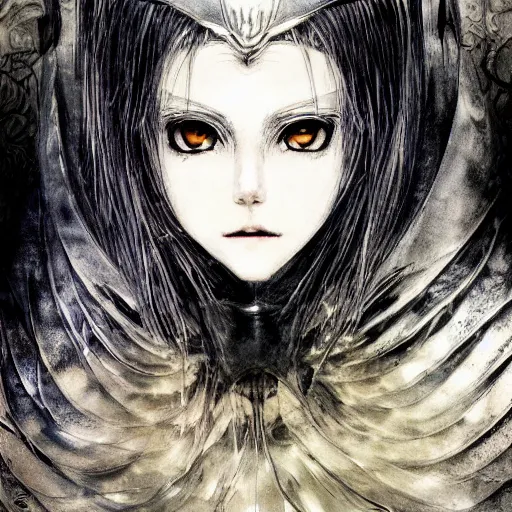 Image similar to Yoshitaka Amano blurred and dreamy illustration of an anime girl with black eyes, wavy white hair and cracks on her face wearing elden ring armour with the cape fluttering in the wind, abstract black and white patterns on the background, noisy film grain effect, highly detailed, Renaissance oil painting, weird portrait angle