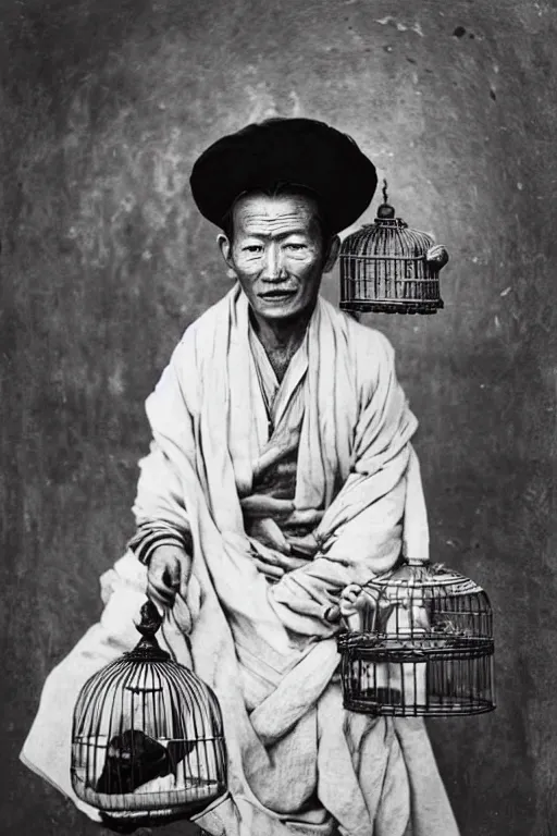 Image similar to ultra realistic vintage photo portrait of a tibetan man with a birdcage in the chest, by Annie Leibovitz,