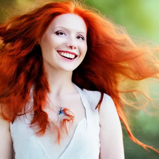 Prompt: a beautiful photo portrait of a long haired redhead woman, happy and smiling, bokeh background, depth of field