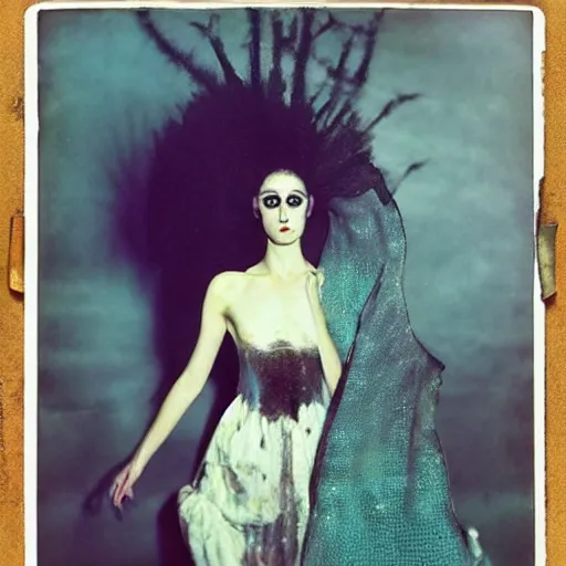 Image similar to damaged kodak portra 4 0 0, wetplate, photo of a surreal artsy dream scene,, very beautiful model, weird fashion, grotesque, extravagant dress, strange pose, carneval, with an animal, wtf, photographed by paolo roversi style