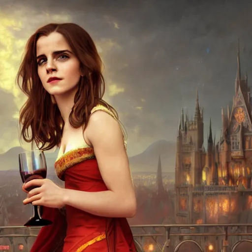 Prompt: a highly detailed matte painting of emma watson as an unbelievably powerful vampire witch, drinking wine, floating in the air doing blood magic, viewed in profile from far away, crackling green lightning, ultrawide lens, art by artgerm and greg rutkowski and alphonse mucha, volumetric lighting, octane render, 4 k resolution, trending on artstation, masterpiece