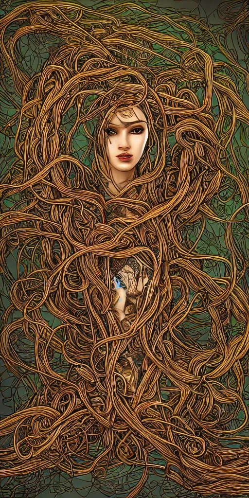 Prompt: beautiful woman, cthulhu, woven, wires, vines, ropes, intertwined, wrapped around, intricate digital art, extremely detailed, 8 k