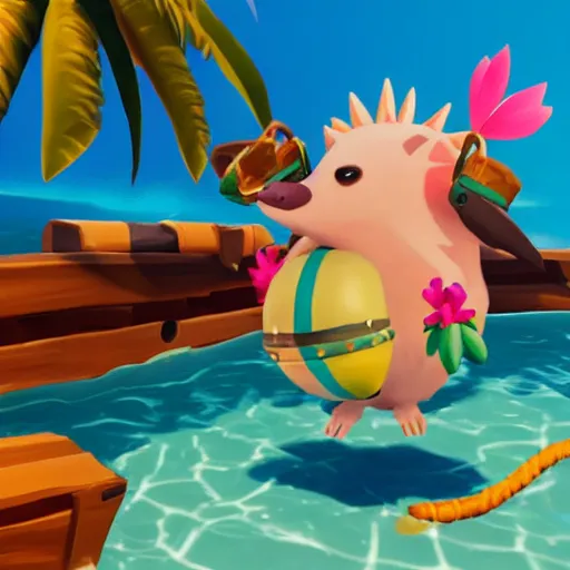 Image similar to hedgehog in a bikini in sea of thieves, hedgehog wearing a bikini, cute, colourful, happy, adorable, funny