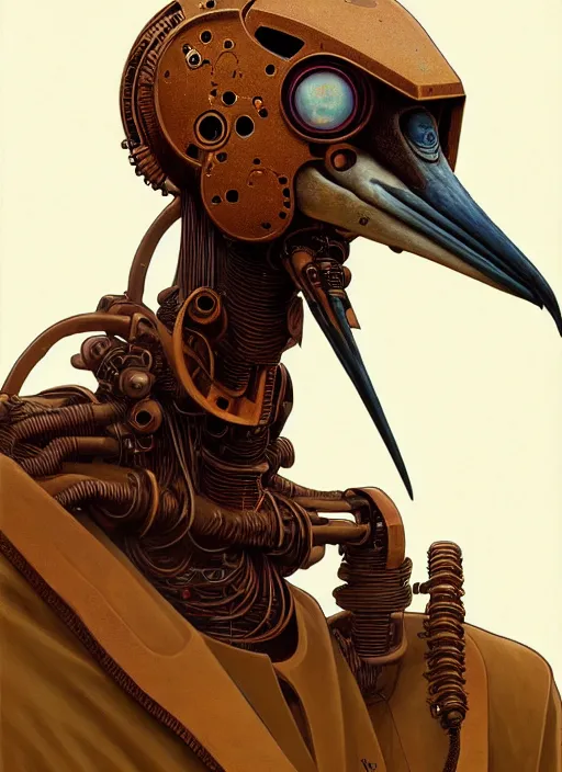 Prompt: portrait of rusty anthropomorphic mecha - boat - billed heron shady dealer, intricate, elegant, highly detailed animal monster, digital painting, artstation, concept art, smooth, sharp focus, illustration, art by artgerm and greg rutkowski and alphonse mucha, 8 k