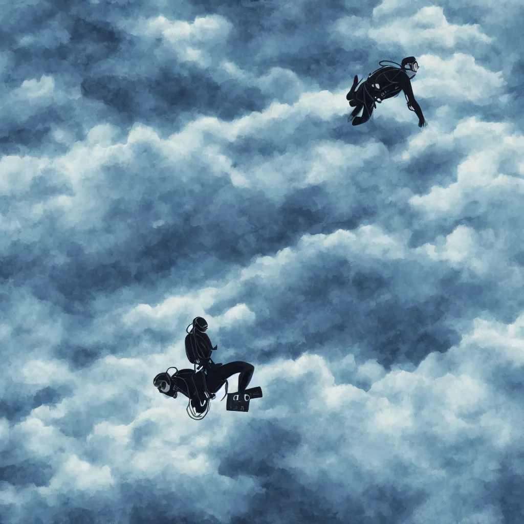 Image similar to a solo scubadiver floating above the clouds, closeup, digital drawing