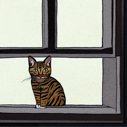 Image similar to a tabby cat looking trought the window, at a nuclear exlosion, digital art