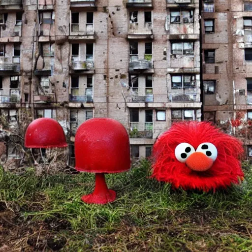 Prompt: beautiful dystopian deserted overgrown city red mushroom, muppets