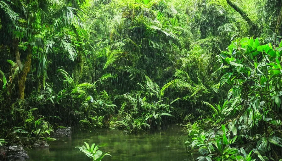 Image similar to a rainy foggy jungle, river with low hanging plants, there is the strangest bird, it’s a huge bird, great photography, ambient light