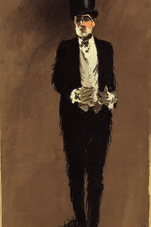 Image similar to psychedlelic portrait of george clooney as a gentleman wearing an edwardian suit and top hat by walter sickert, john singer sargent, and william open