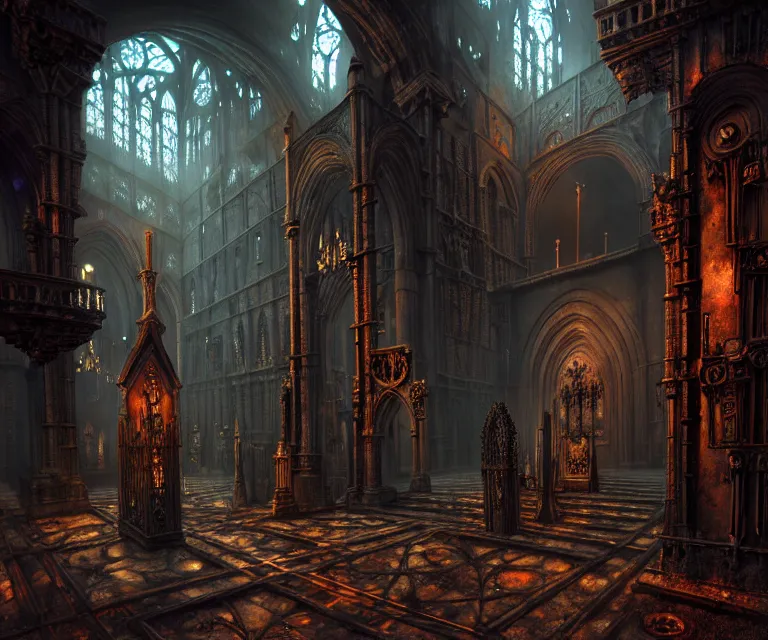 Image similar to steam necropolis, memento mori, gothic, neo - gothic, art nouveau, hyperdetailed copper patina medieval icon, stefan morrell, philippe druillet, ralph mcquarrie, concept art, steampunk, unreal engine, detailed intricate environment, octane render, moody atmospherics, volumetric lighting, ultrasharp, ominous, otherworldly