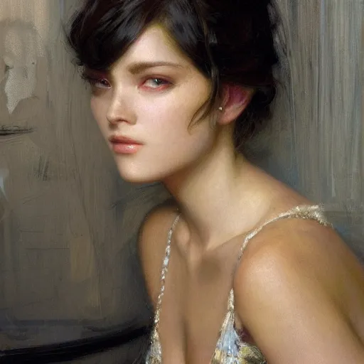 Prompt: a high fashion chanel stunning backlit portrait of frowning anime girl, painting by gaston bussiere, craig mullins, j. c. leyendecker