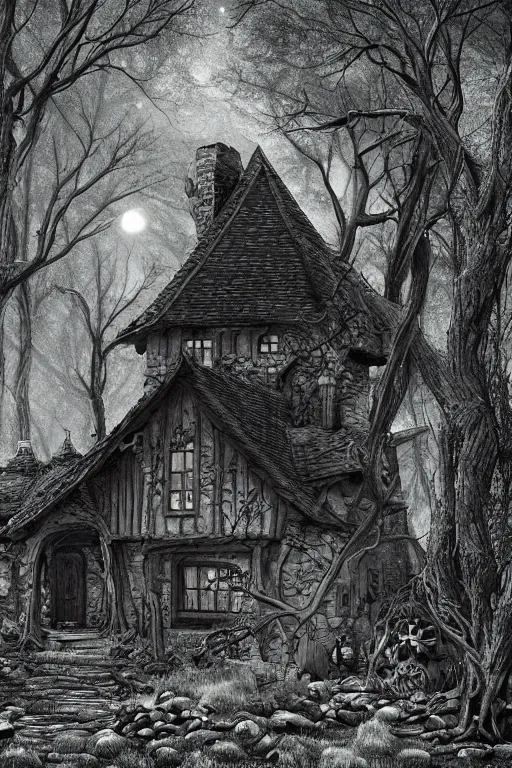 Prompt: a witch's cottage in a moonlit forest, with several broken statues, gnarled trees, a smoking firepit, HD, 4k, 8k, incredibly detailed, intricate, ominous, masterpiece, digital illustration, trending on artstation