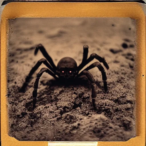 Prompt: a eerie demonic haunting alien spider creature on the moon surface, polaroid, vintage photo, grainy, damaged, faded, very detailed realistic, 5 0 mm, dslr, hd, 8 k, hasselblad film bokeh, soft light photographed on expired color film