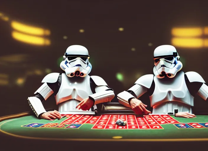 Prompt: a photo of two stormtroopers playing roulette in las vegas casino, ultra wide shot, 2 4 mm, bokeh, blurred background, colorful lights, golden ratio, sci fi, fantasy, cyberpunk, intricate, decadent, highly detailed, digital painting, octane render, artstation, concept art, smooth, sharp focus, illustration, art by loish, wlop