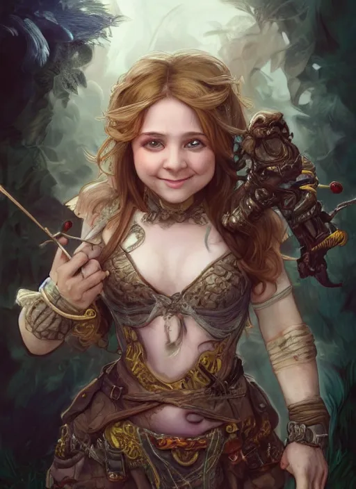 Image similar to female halfling bard, beautiful detailed eyes and a bright smile, dirty, fantasy, intricate, rough, highly detailed, digital painting, 4k, HDR, concept art, smooth, sharp focus, upper body shot, illustration, art by Artgerm, H R Giger and Alphonse Mucha