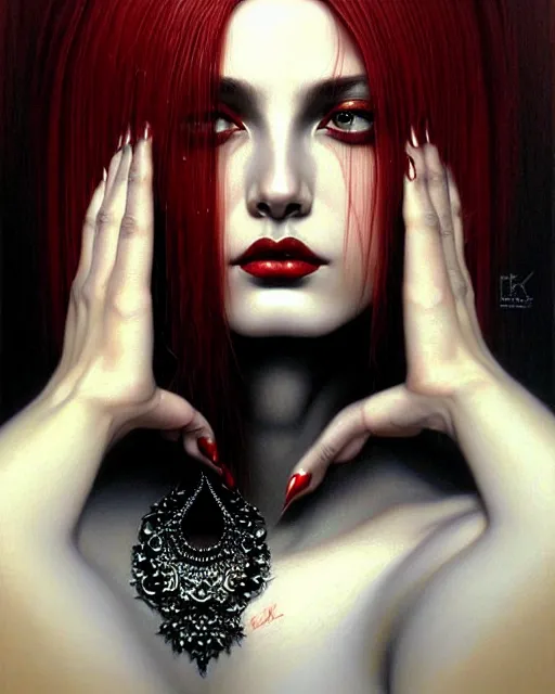 Image similar to portrait of a beautiful goddess, enigmatic beauty, dominant shades of black, silver, dark red, white, head in focus, fantasy art, ornamental aesthetics, intricate, elegant, highly detailed, hyperrealistic painting, artstation, concept art, painterly, sharp focus, illustration, art by karol bak