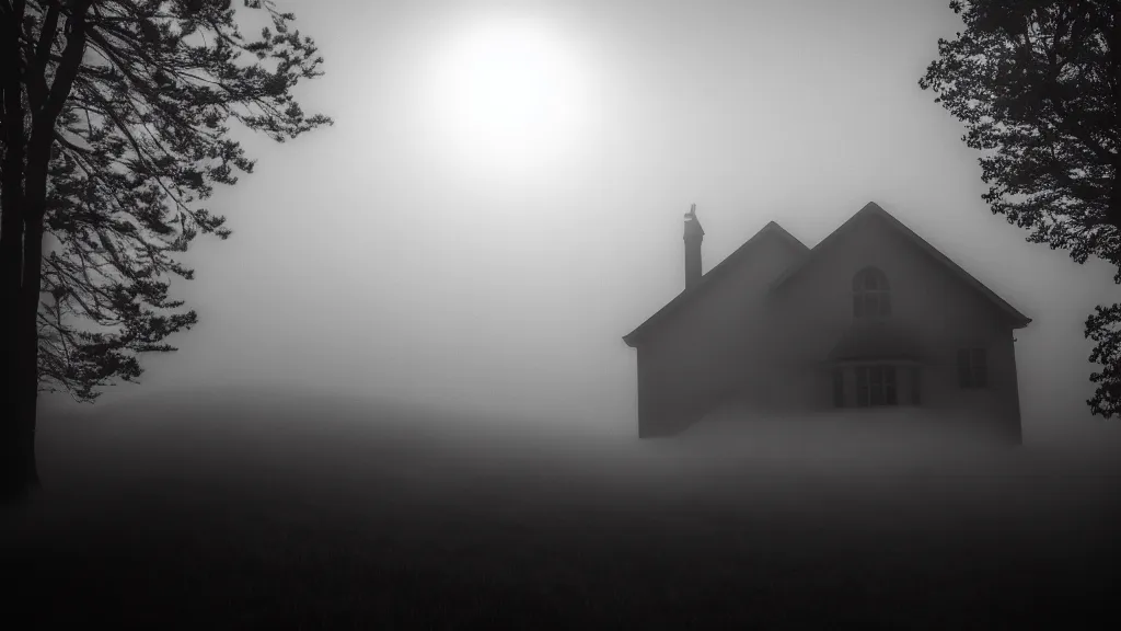 Image similar to above the house the sun, which appears a little through the fog, fog, volumetric lighting, mystique, atmospheric, conept art, sharp focus, ultra detailed, noir arthouse, 4 k, luminous details, cinematic, 3 5 mm, fujifilm