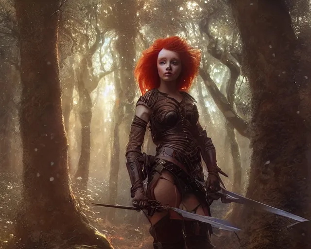 Prompt: 5 5 mm portrait photo of an armored gorgeous aesthetic redhead woman warrior, in a magical forest. fantasy atmosphere. art by greg rutkowski. highly detailed 8 k. intricate. lifelike. soft light. nikon d 8 5 0.