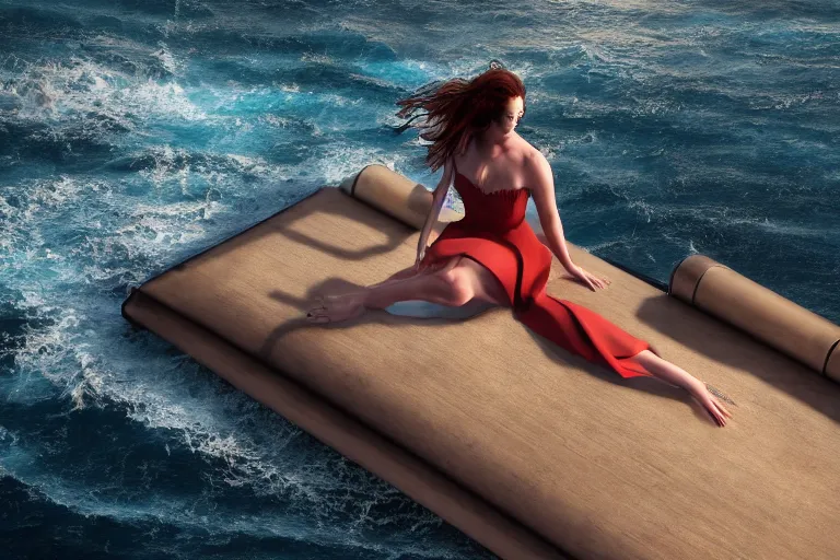 Image similar to A beautiful woman sitting on a giant open book in the middle of the ocean during a storm, dramatic lighting, cinematic, 8k HDR, highly detailed, high quality, octane render, unreal engine 5, path tracing, turbulent sea, concept art, trending on Artstation, dramatic scene