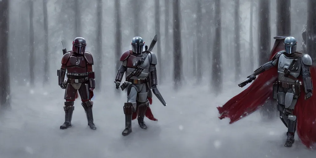 Image similar to a mandalorian with a red and grey helmet facing a long dark haired jedi man, from side view close up, in a snowy forest setting, hard edges concept art, highly detailed, great cinematic lighting, depth of field, art by greg rutkowski, trending on artstation