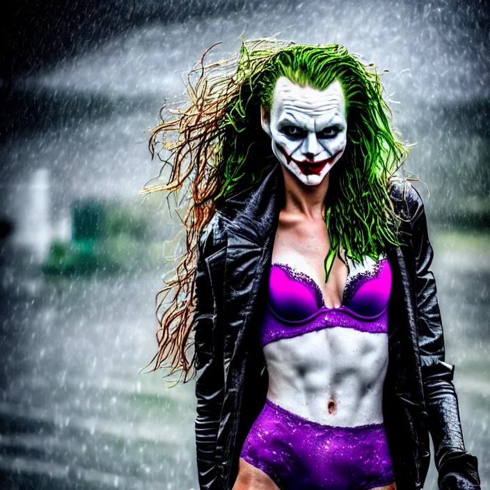 Prompt: fully body pose, photo of a very beautiful!! victoria secret model, the joker, wet hair, raining, 8 k, hdr, smooth, sharp focus, high resolution, award - winning photo, trending on artstation, dslr, 5 0 mm