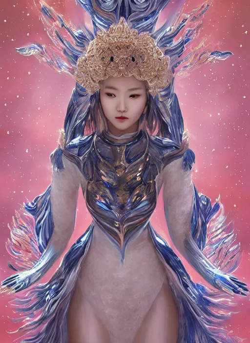 Image similar to beautiful Korean celestial Goddess wearing a luxurious space battle suit exposed in cryo chamers by James Jean, captivating look, intricate, elegant, highly detailed, centered, digital painting, artstation, concept art, smooth, sharp focus, illustration, at the Salar De Uyuni, Hexagonal formations on the surface of salt crystallization, combined between sedimentary deposits, bubbling geysers, interstellar night reflection of the sky, intricate, elegant, luxurious, digital painting, concept art, smooth, sharp focus, from Star Trek 2021, illustration, by WLOP and Peter Mohrbacher and Boris Vallejo