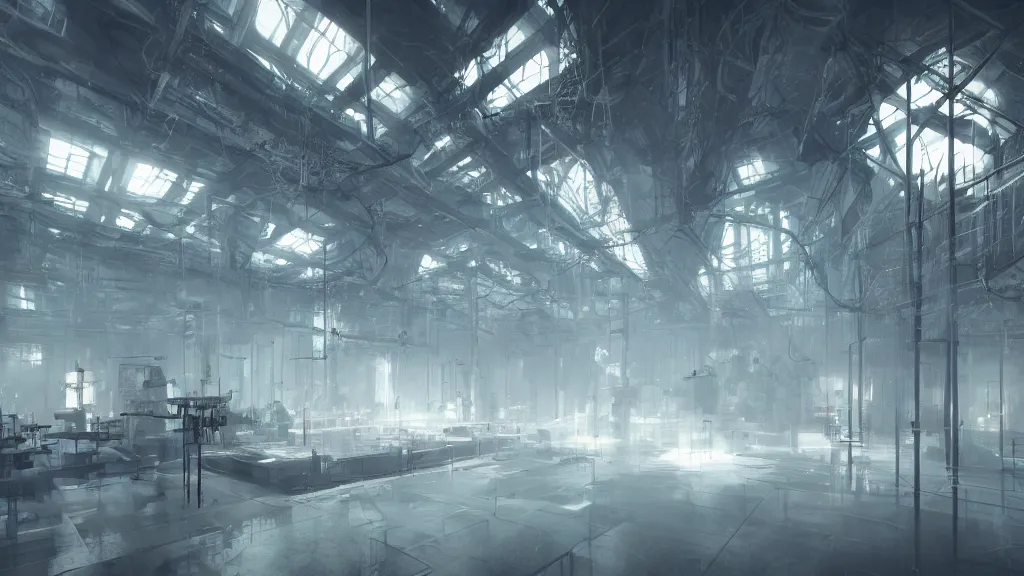 Image similar to gothic futuristic laboratory, tall ceiling, fluorescent lights from ceiling, by emmanuel shiu, trending on artstation, photorealistic, cryengine render 8 k uhd