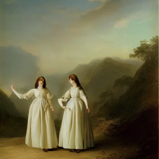 Image similar to two beautiful girls wearing white dresses john martin landscape