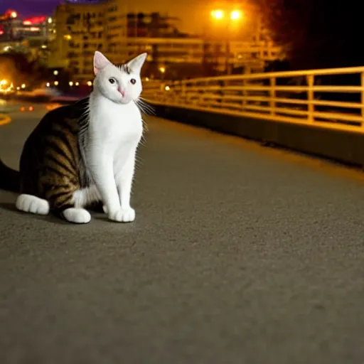 Prompt: a cat on a bridge at night, professional photo