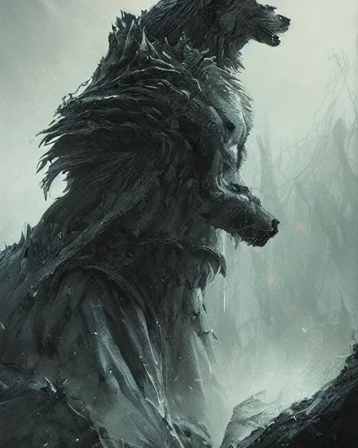 Image similar to king of wolves, elden ring, by artgerm, by greg rutkowski and zdizslaw beksinski, trending on artstation, octane render