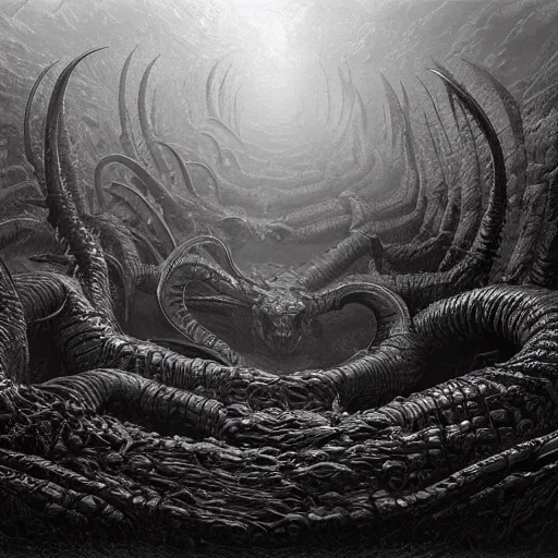 Prompt: demonic centipede in the style of michael whelan and gustave dore. hyperdetailed photorealism by greg rutkowski, 1 0 8 megapixels, cinematic lighting