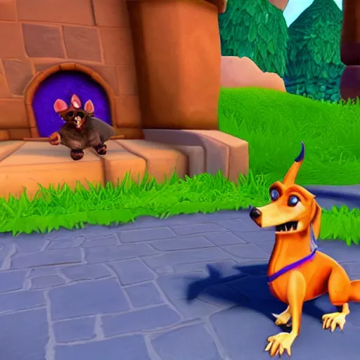 Prompt: screenshot of a cute humanoid dog as an npc in spyro the dragon video game, with playstation 1 graphics, activision blizzard, upscaled to high resolution