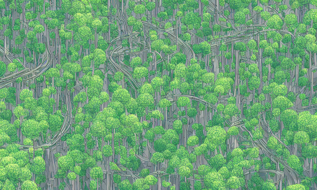 Prompt: forested blobs interconnected by high speed rails, digital art, 3d, illustration