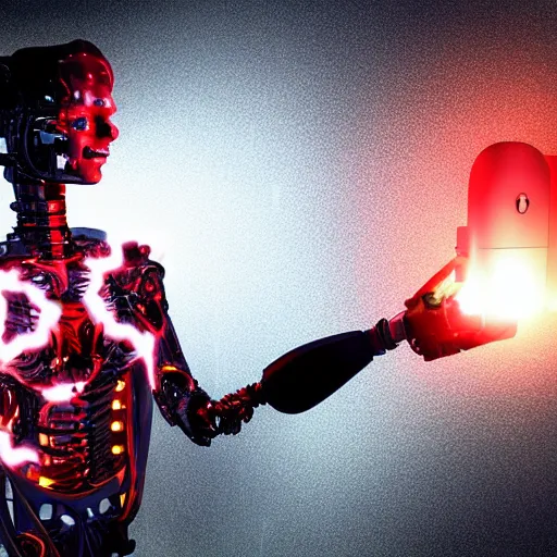 Image similar to the torso of fully a mechanical terminator man with borg implants, human face and robotic snakes coming out of his head is hanging from cables and wires off the ceiling of an futuristic computer lab and plugged into a quantum computer. His bottom half is missing with cables hanging out. resonance glowing red and white fractals, black dark background. curly blond hair pale skin. very detailed 8k. Cyberpunk horror style.