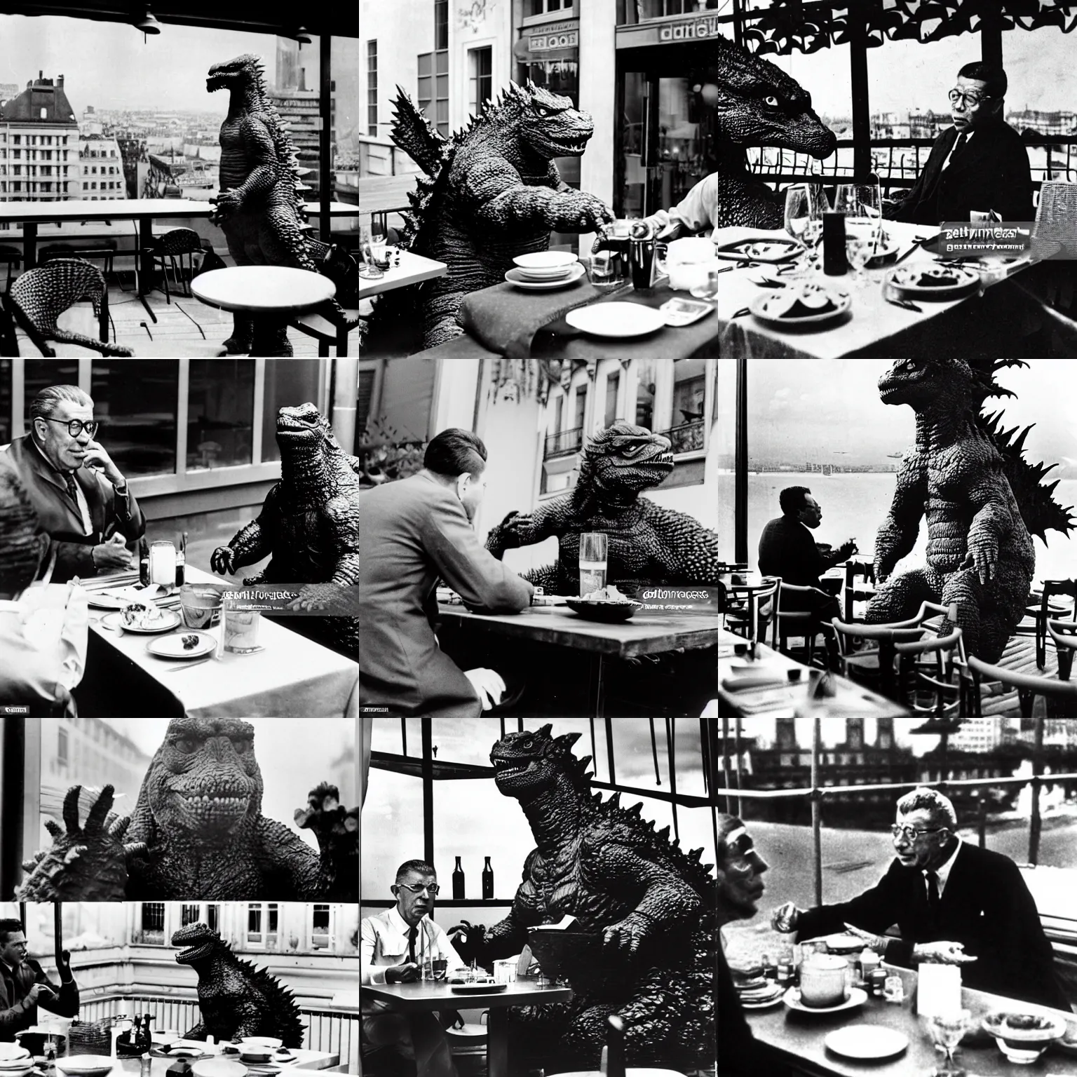 Prompt: godzilla is seated in a restaurant, at the terrace of a parisian cafe and talks with jean - paul sartre