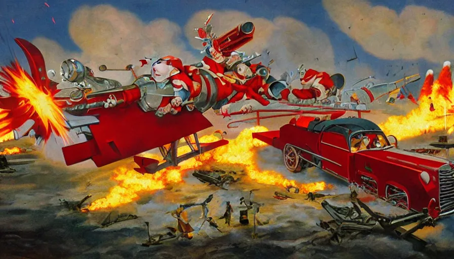 Image similar to santa claus sleigh being shot down by a surface to air missile, fiery explosion, matte painting, hard edges, masterpiece, impressive detail