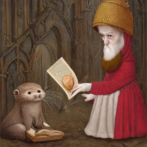 Image similar to a medieval otter abbot reading his book, fantasy concept art by nicoletta ceccoli, mark ryden, lostfish, max fleischer