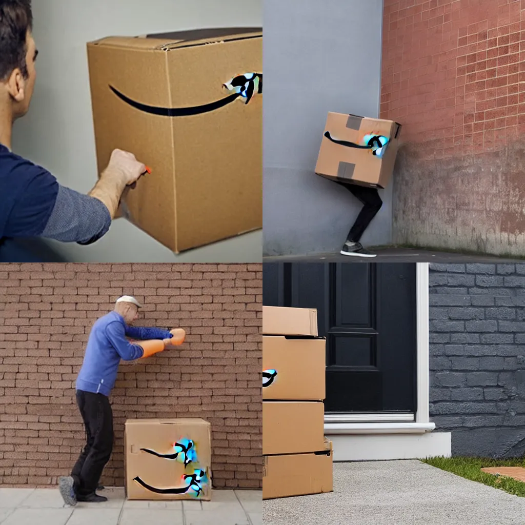 Prompt: an amazon delivery person carelessly throwing a package at a wall